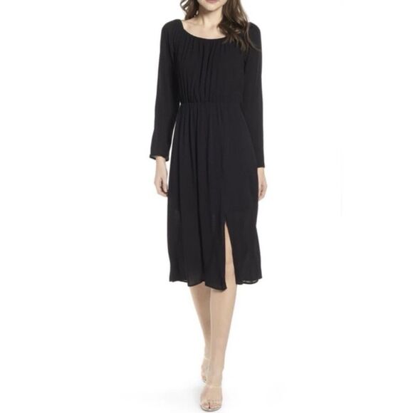 NWT WAYF Black Gauze Midi Dress XL Long Sleeve Scoop Neck Slit Made in USA - Picture 1 of 10
